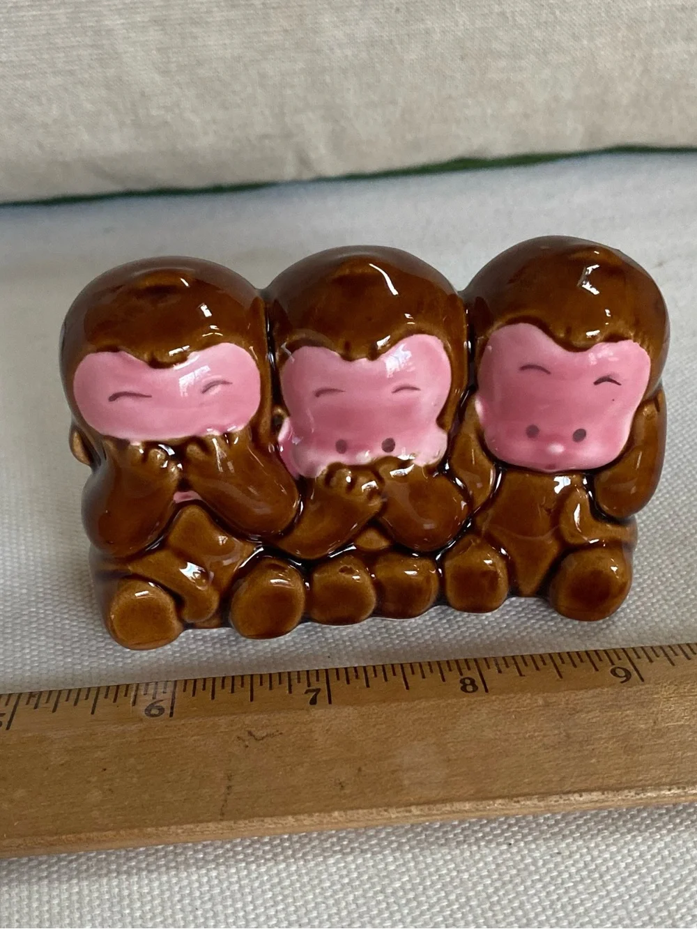 VTG Three Wise Monkeys Ceramic Coin Bank Japan Mid Century Retro Kitschy MCM